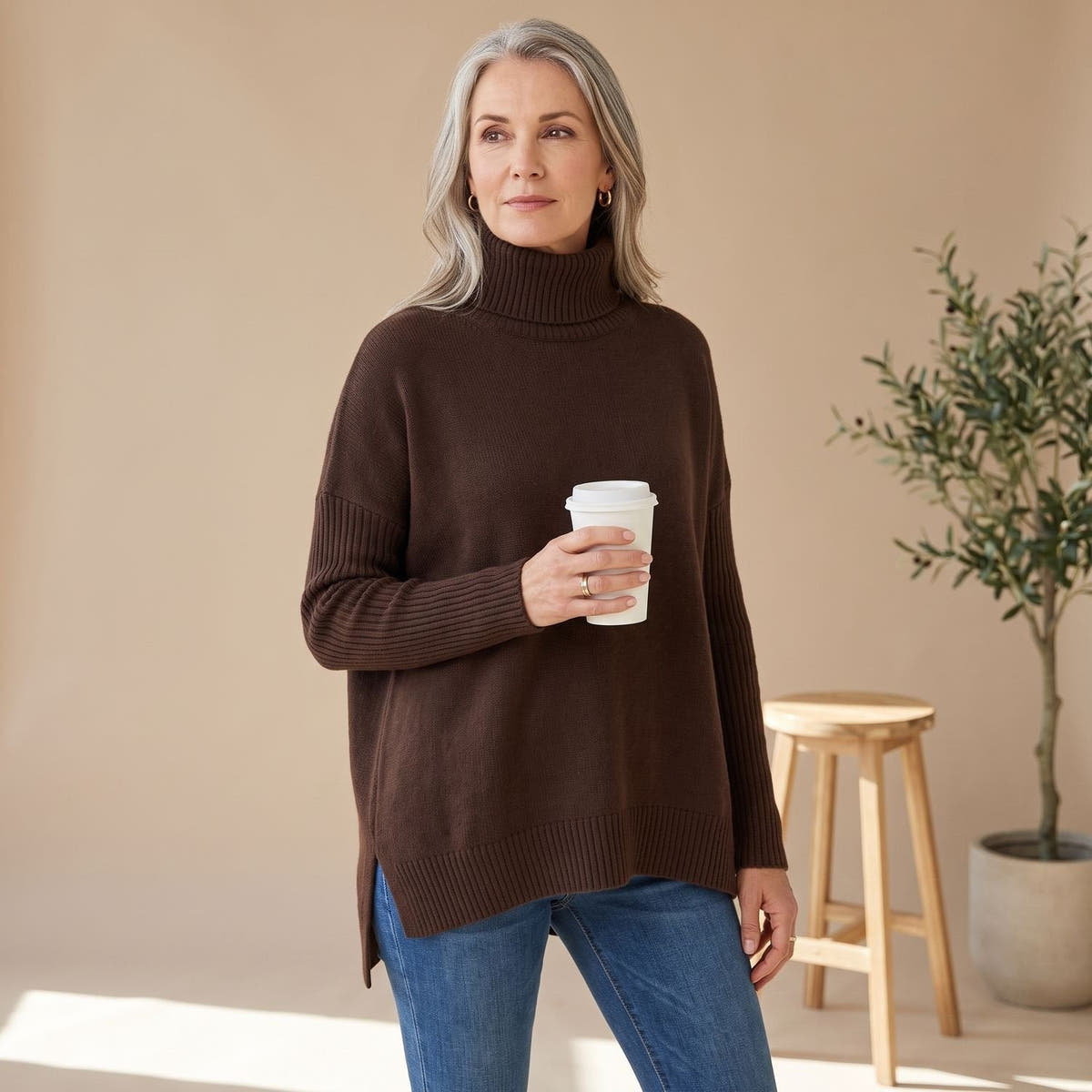 Kaschmirpullover Damen Oversize mit Rollkragen und langen Ärmeln