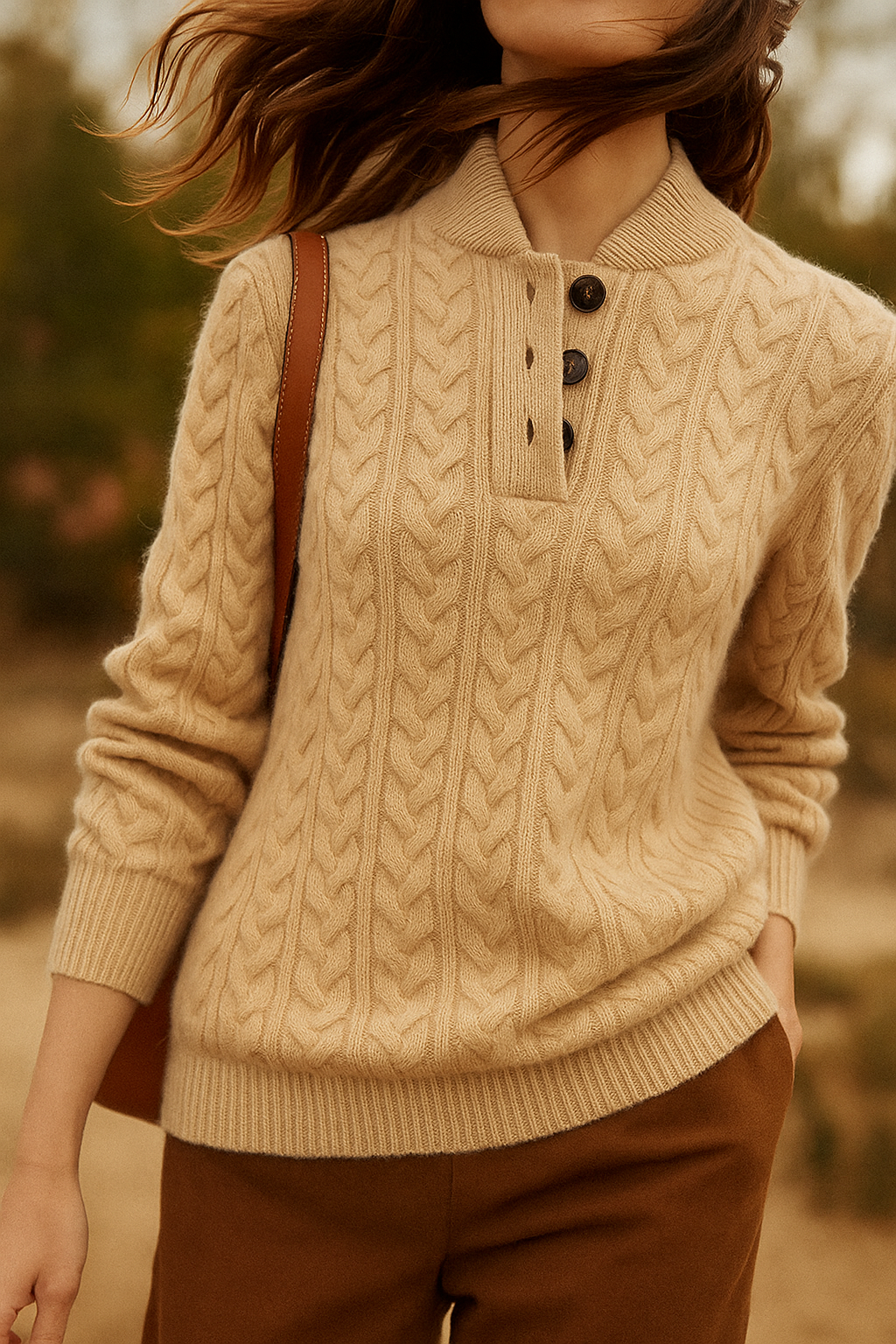 Kaschmirpullover Damen schmal geschnitten mit Zopfmuster und Stehkragen