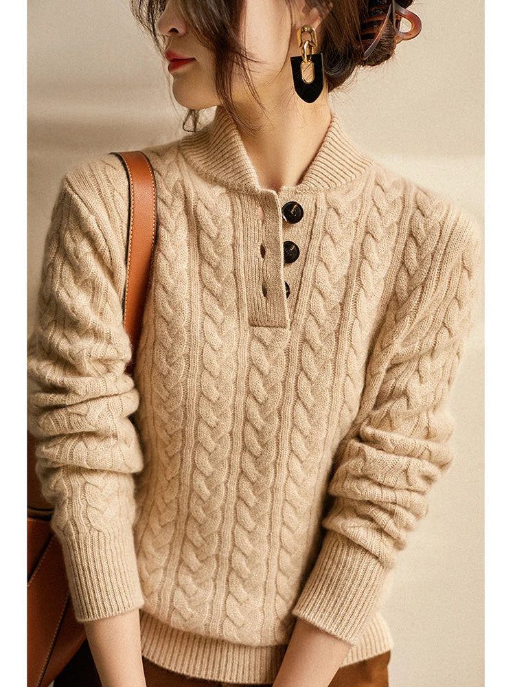 Kaschmirpullover Damen schmal geschnitten mit Zopfmuster und Stehkragen