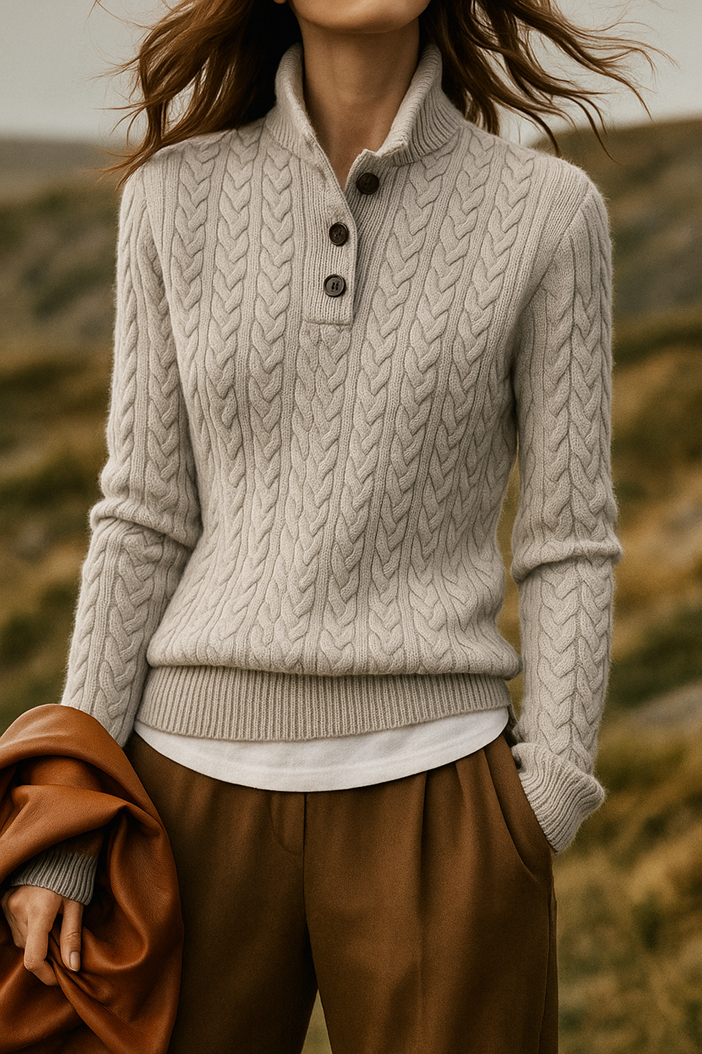 Kaschmirpullover Damen schmal geschnitten mit Zopfmuster und Stehkragen