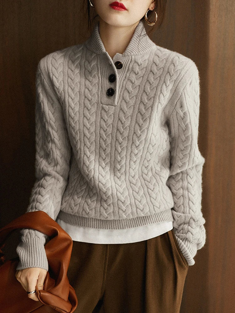 Kaschmirpullover Damen schmal geschnitten mit Zopfmuster und Stehkragen