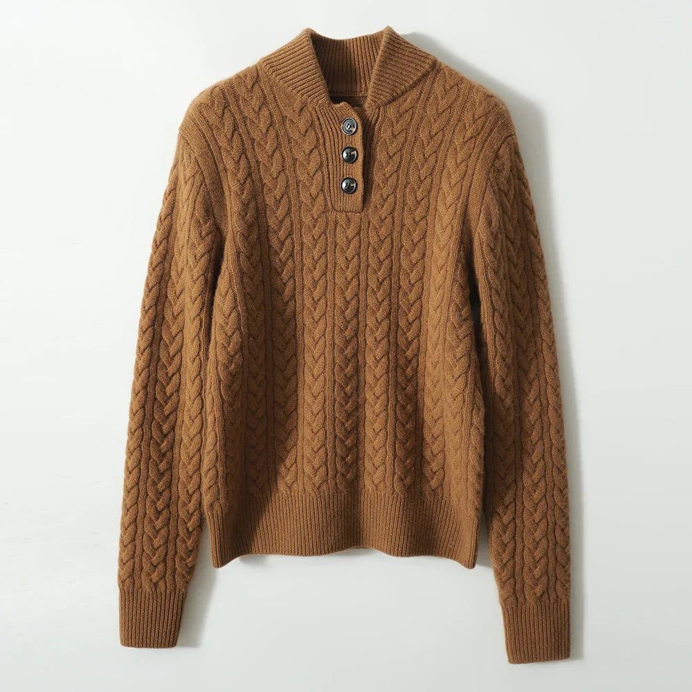 Kaschmirpullover Damen schmal geschnitten mit Zopfmuster und Stehkragen