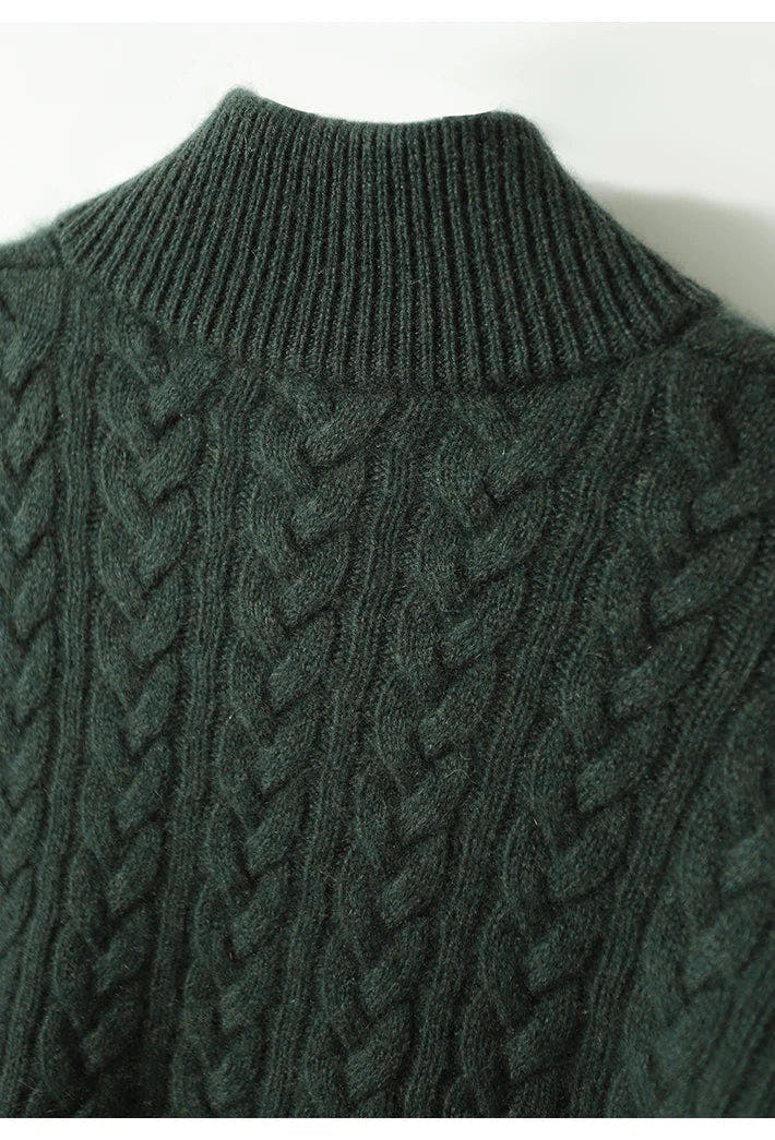 Kaschmirpullover Damen schmal geschnitten mit Zopfmuster und Stehkragen