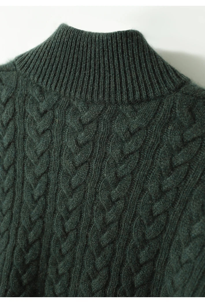 Kaschmirpullover Damen schmal geschnitten mit Zopfmuster und Stehkragen