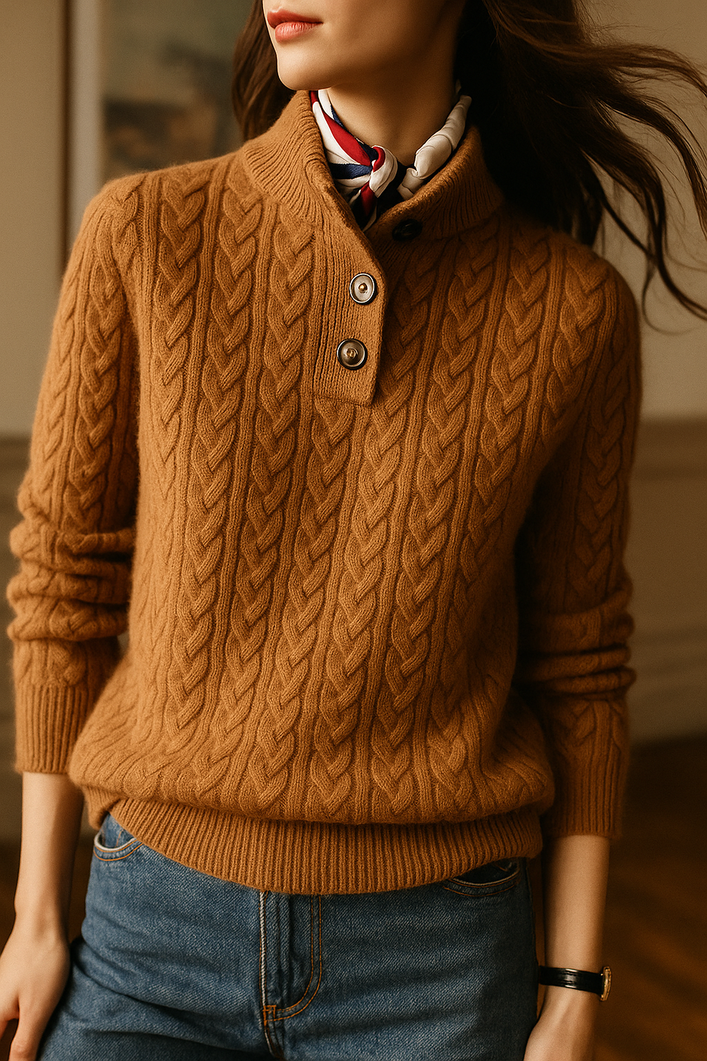Kaschmirpullover Damen schmal geschnitten mit Zopfmuster und Stehkragen