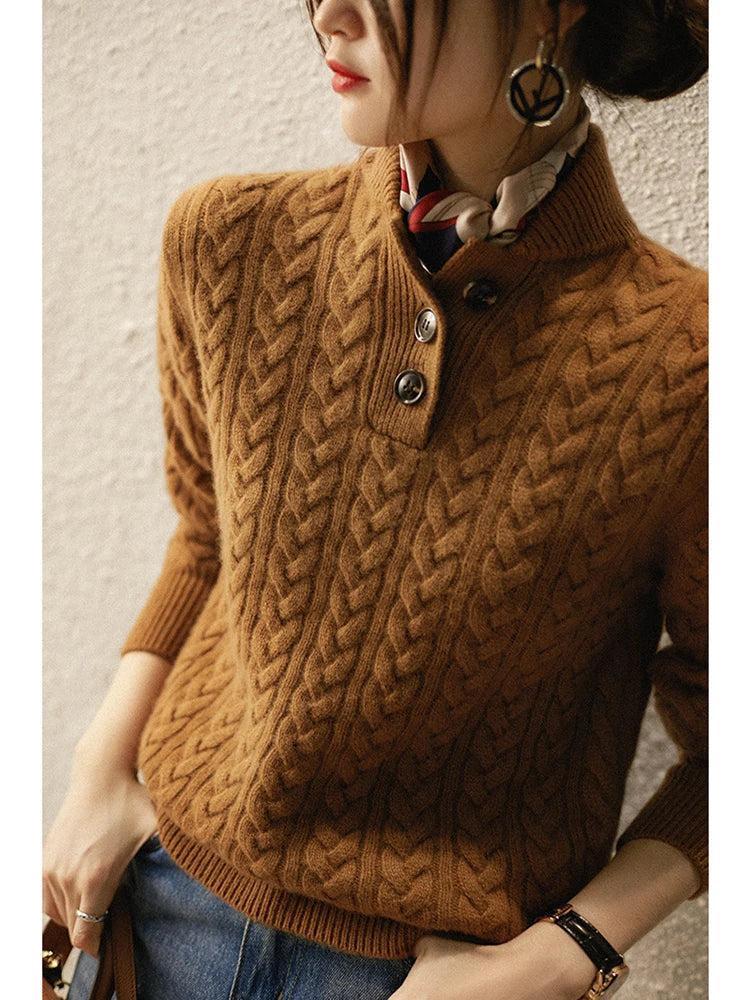 Kaschmirpullover Damen schmal geschnitten mit Zopfmuster und Stehkragen