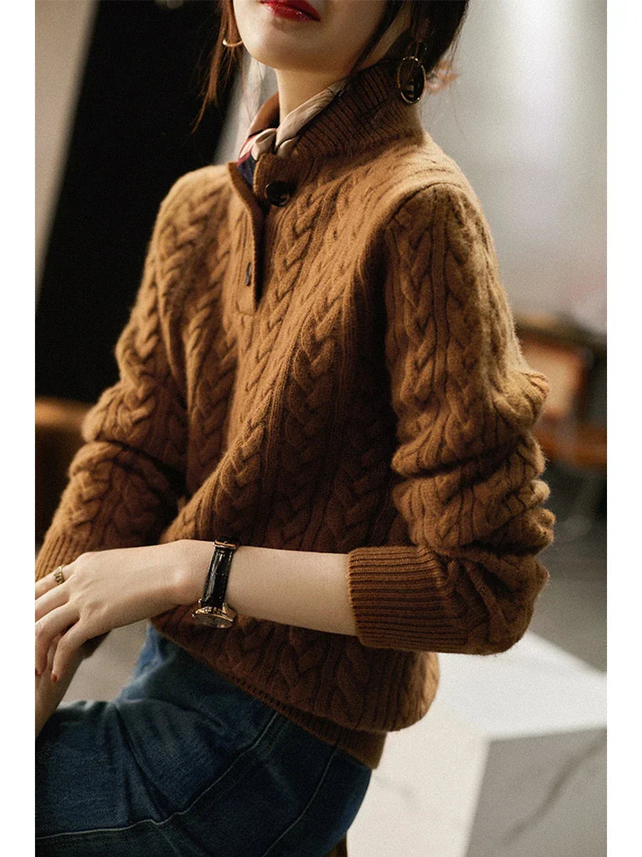 Kaschmirpullover Damen schmal geschnitten mit Zopfmuster und Stehkragen