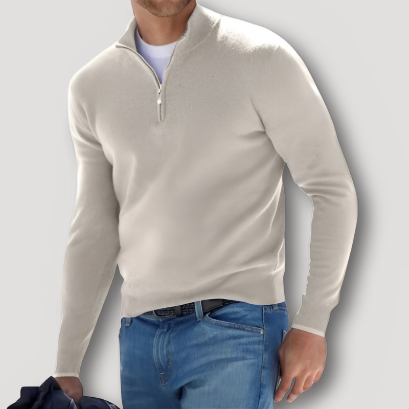 Kaschmirpullover Herren mit Wollanteil, Stehkragen und kurzem Reissverschluss