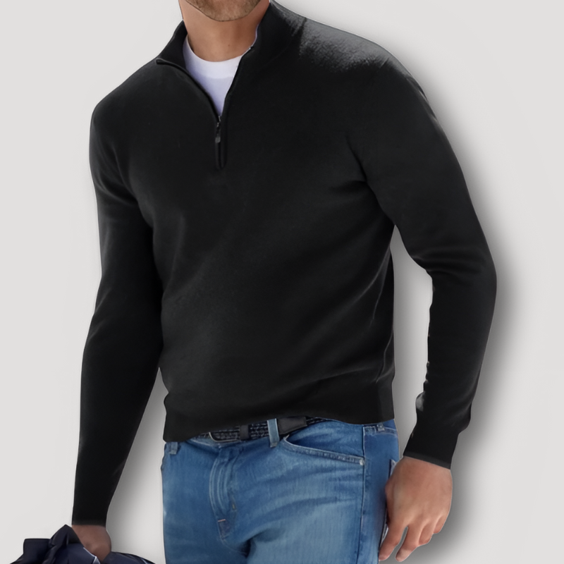 Kaschmirpullover Herren mit Wollanteil, Stehkragen und kurzem Reissverschluss