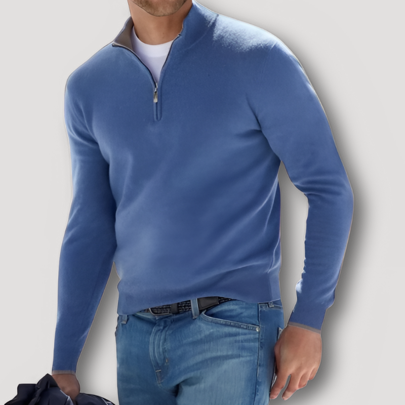 Kaschmirpullover Herren mit Wollanteil, Stehkragen und kurzem Reissverschluss