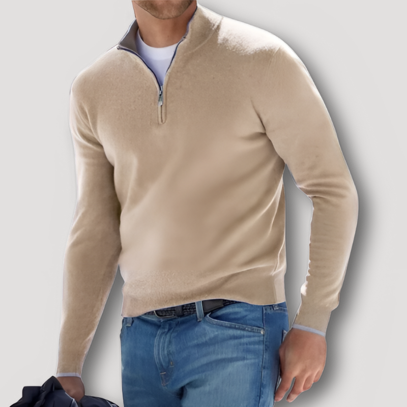 Kaschmirpullover Herren mit Wollanteil, Stehkragen und kurzem Reissverschluss
