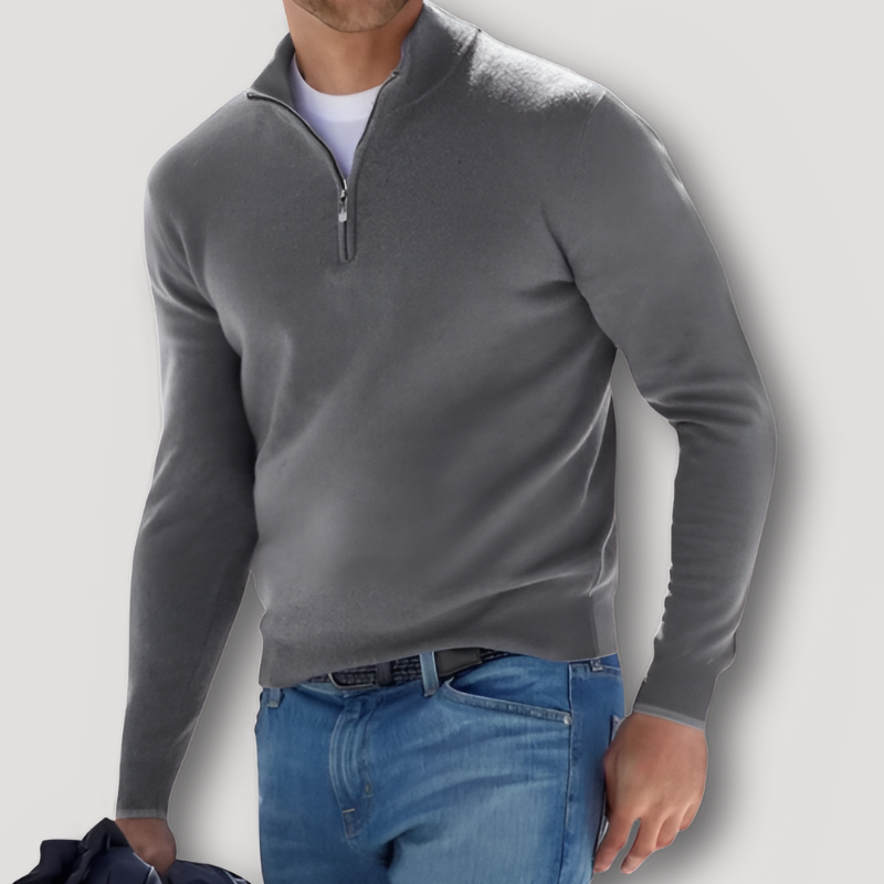 Kaschmirpullover Herren mit Wollanteil, Stehkragen und kurzem Reissverschluss