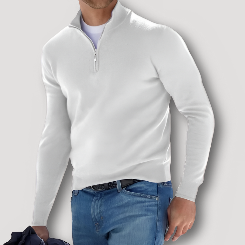 Kaschmirpullover Herren mit Wollanteil, Stehkragen und kurzem Reissverschluss