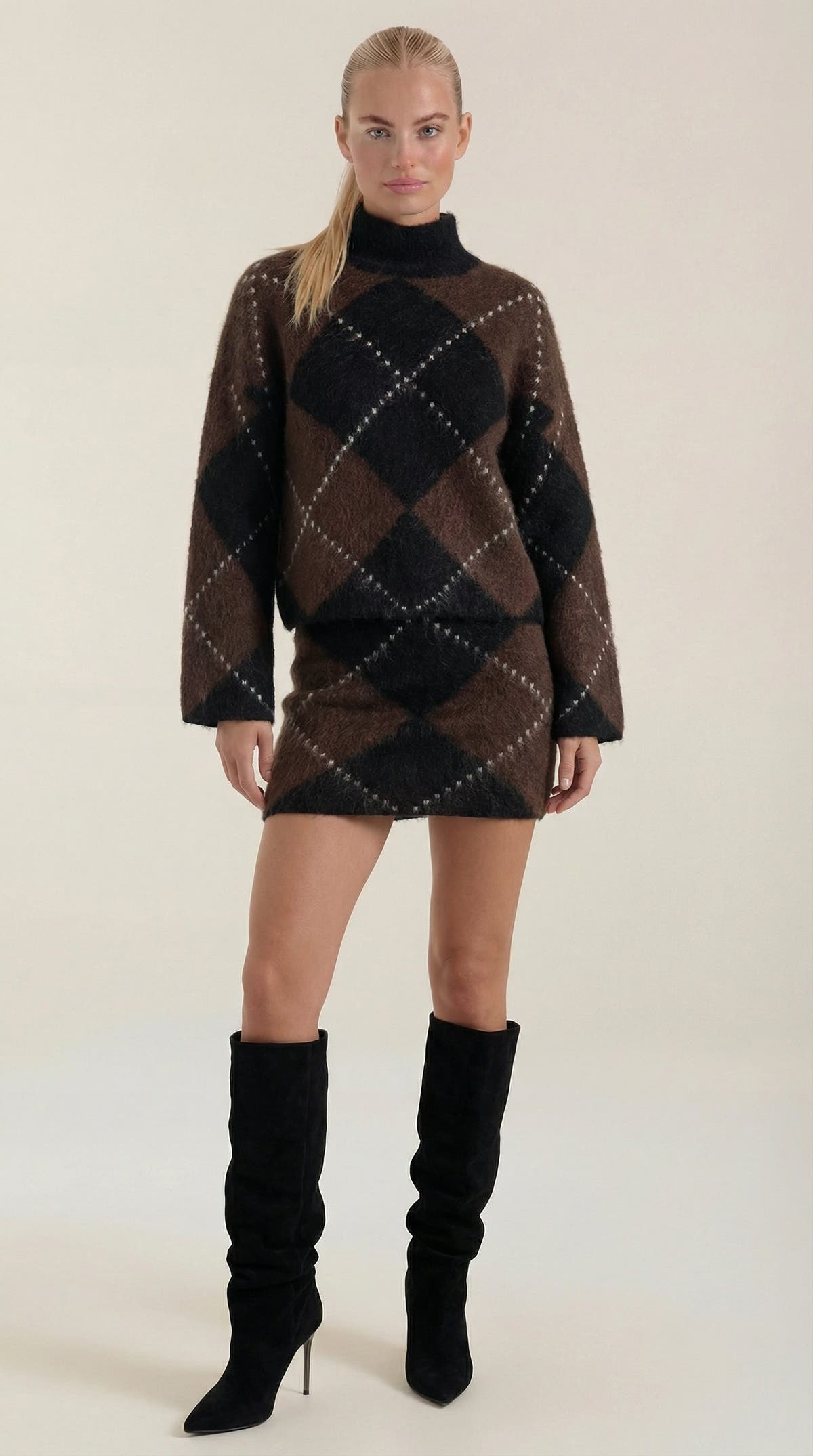 Rollkragenpullover mit Argyle-Muster und Oversize-Schnitt für Damen - Braun