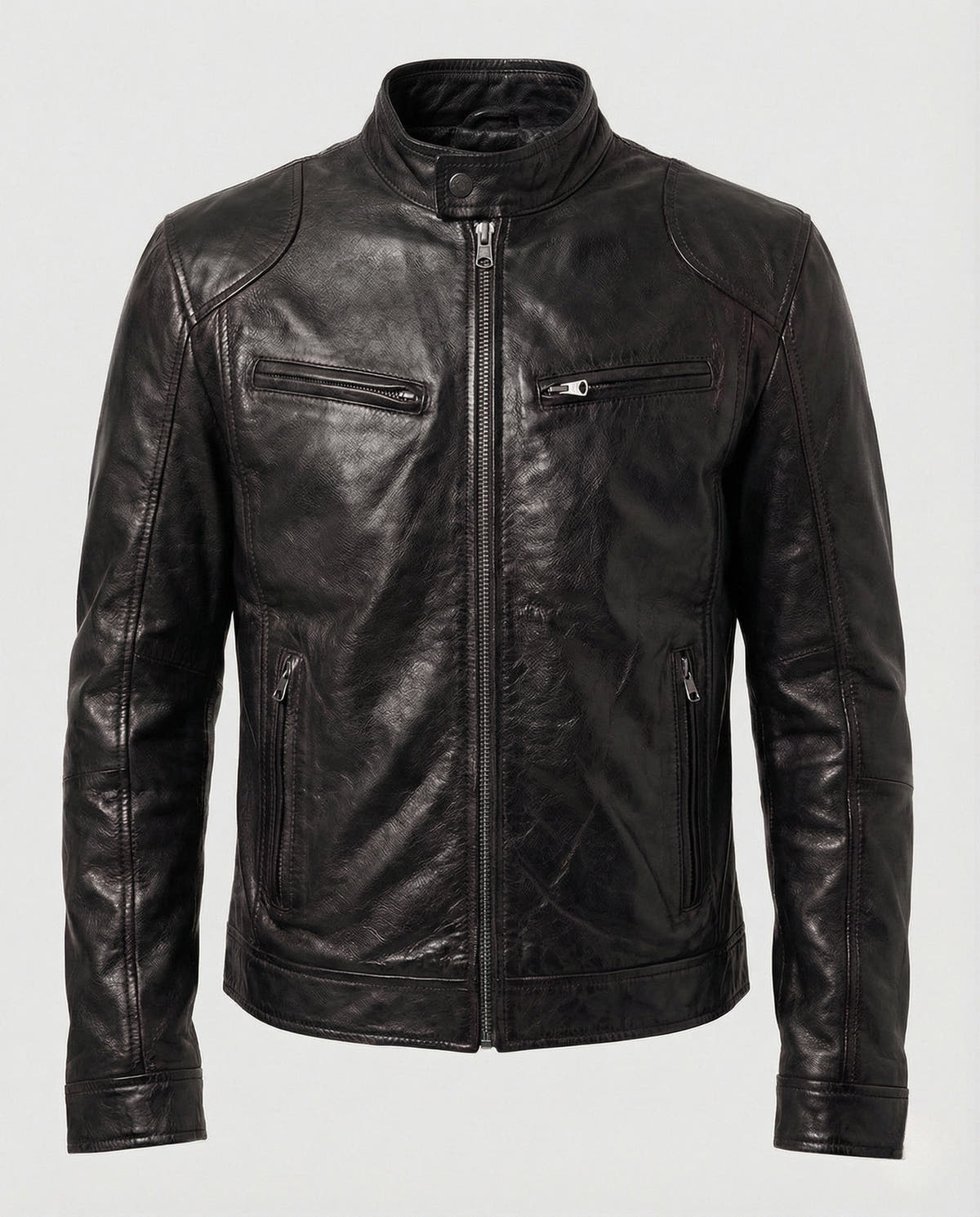 Kunstlederjacke Herren gefüttert, hüftlang mit Stehkragen