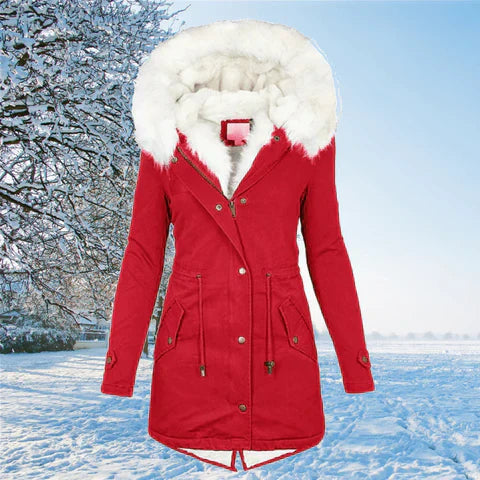 Kunstpelzjacke Damen gefüttert mit Kapuze, taillierter Winterparka