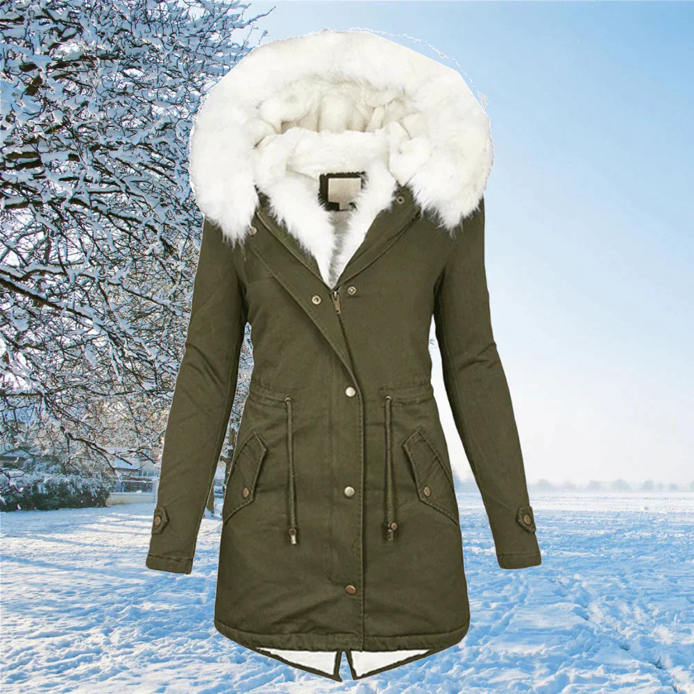 Kunstpelzjacke Damen gefüttert mit Kapuze, taillierter Winterparka