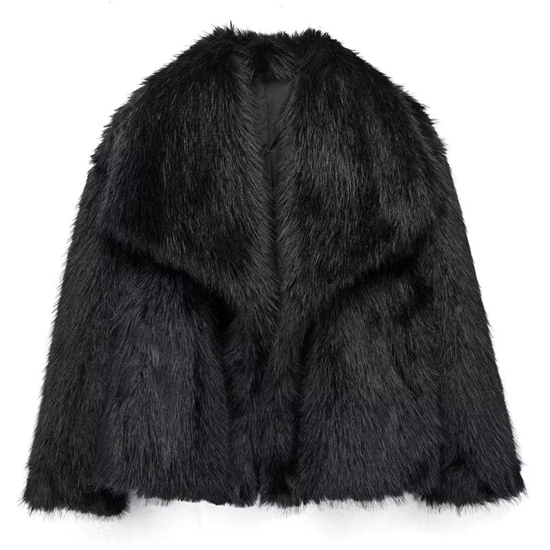 Kunstpelzjacke Damen warm und kurz mit Reverskragen, locker geschnitten