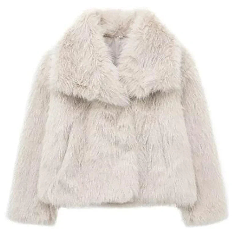 Kunstpelzjacke Damen warm und kurz mit Reverskragen, locker geschnitten