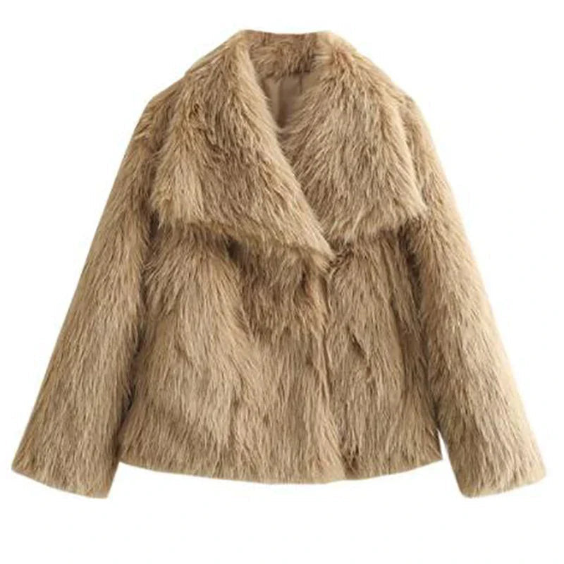 Kunstpelzjacke Damen warm und kurz mit Reverskragen, locker geschnitten