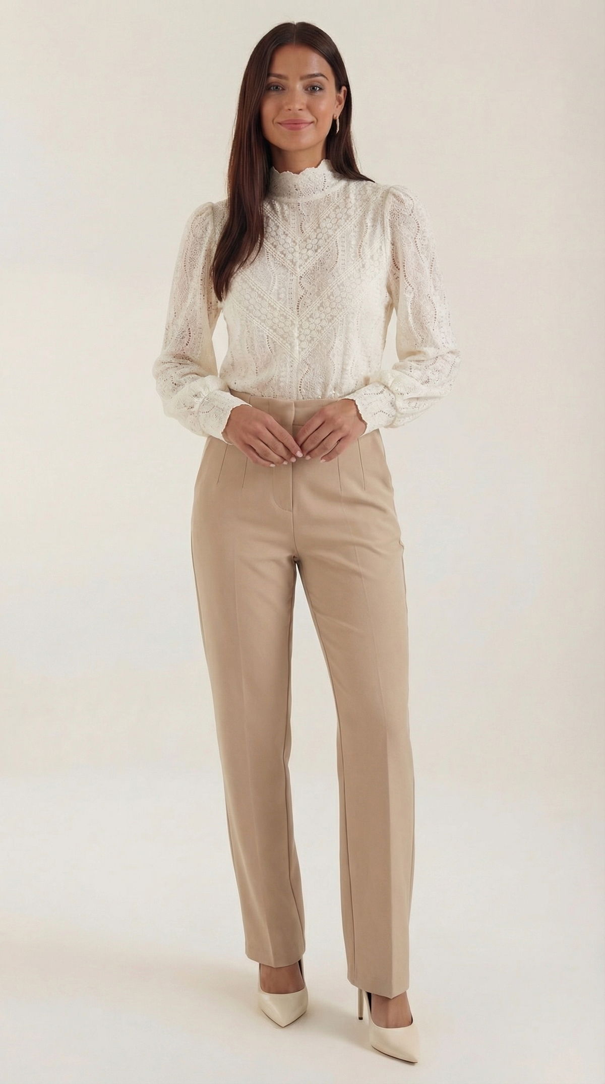 Bluse aus Spitze mit Stehkragen und langen Ärmeln für Damen - Weiss