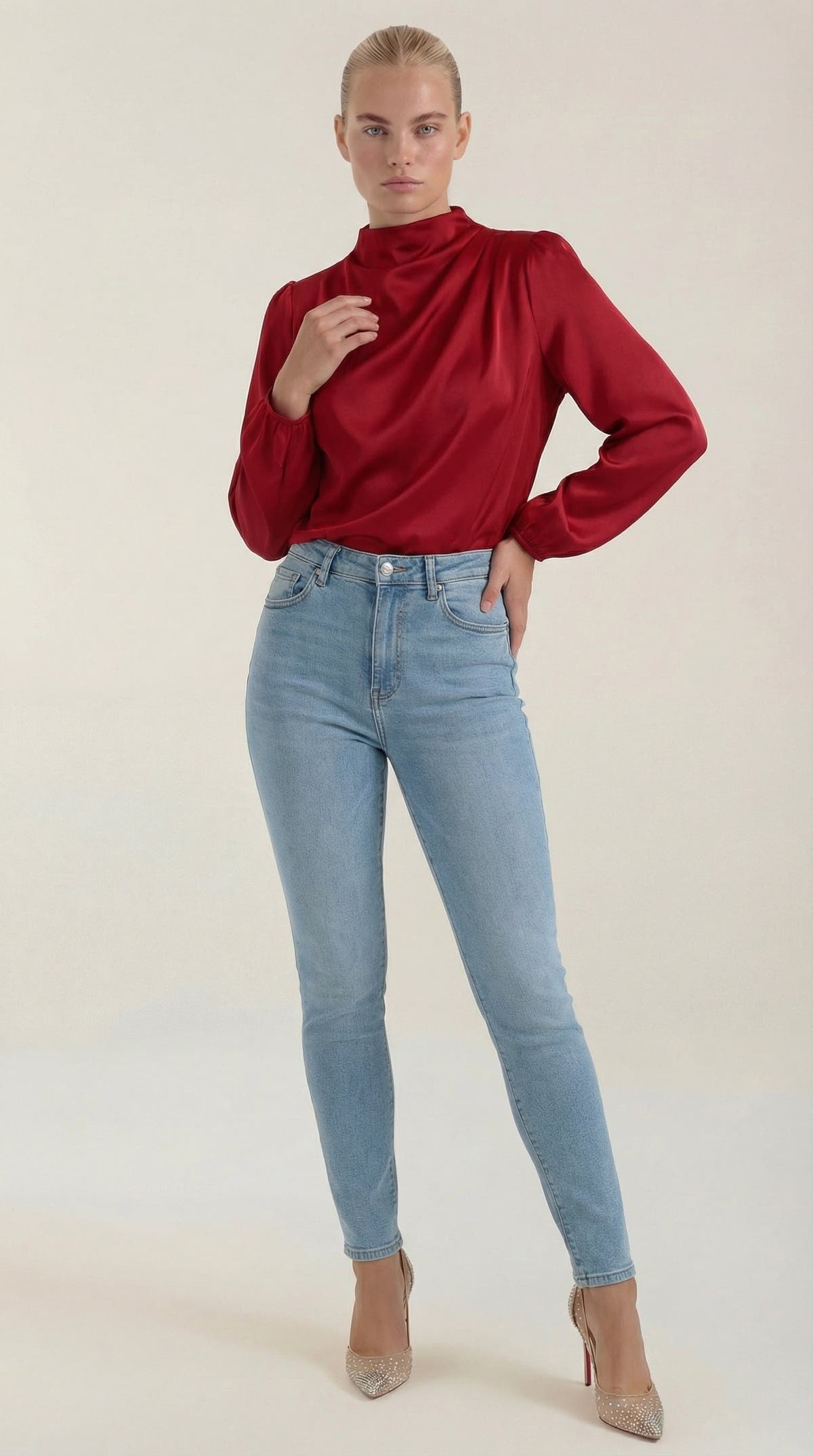 Bluse mit Drapierung und Raffung am Ausschnitt für Damen - Rot
