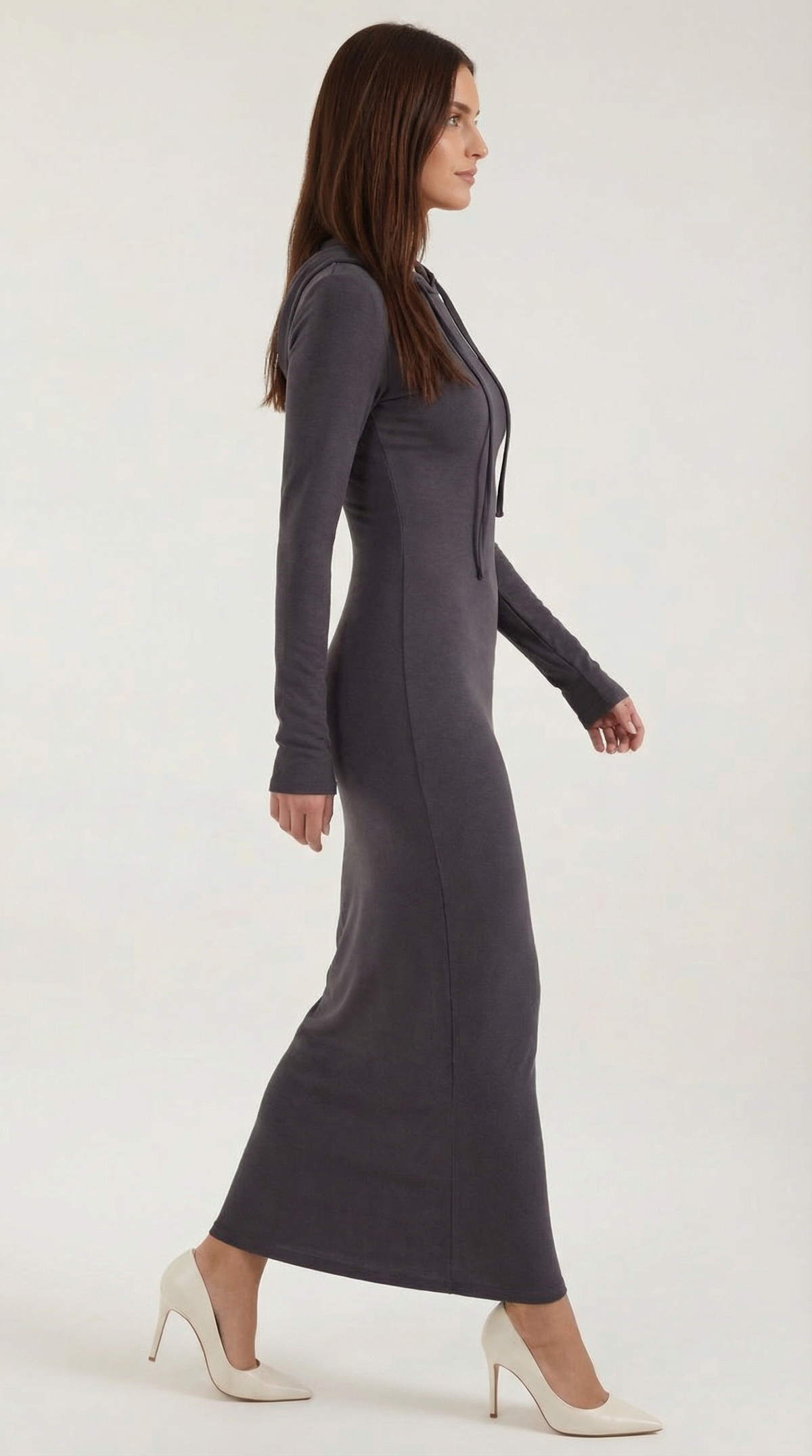 Langes Kleid mit Kapuze, Kordelzug und figurbetontem Schnitt für Damen