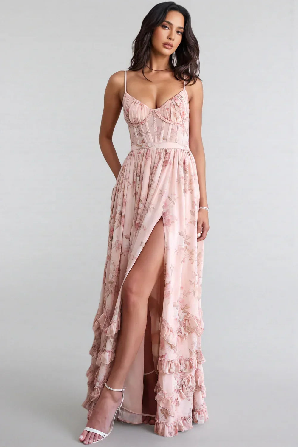 Maxikleid Damen mit Blumenmuster, Beinschlitz und schmalen Trägern