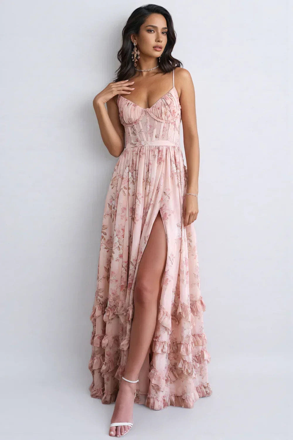 Maxikleid Damen mit Blumenmuster, Beinschlitz und schmalen Trägern