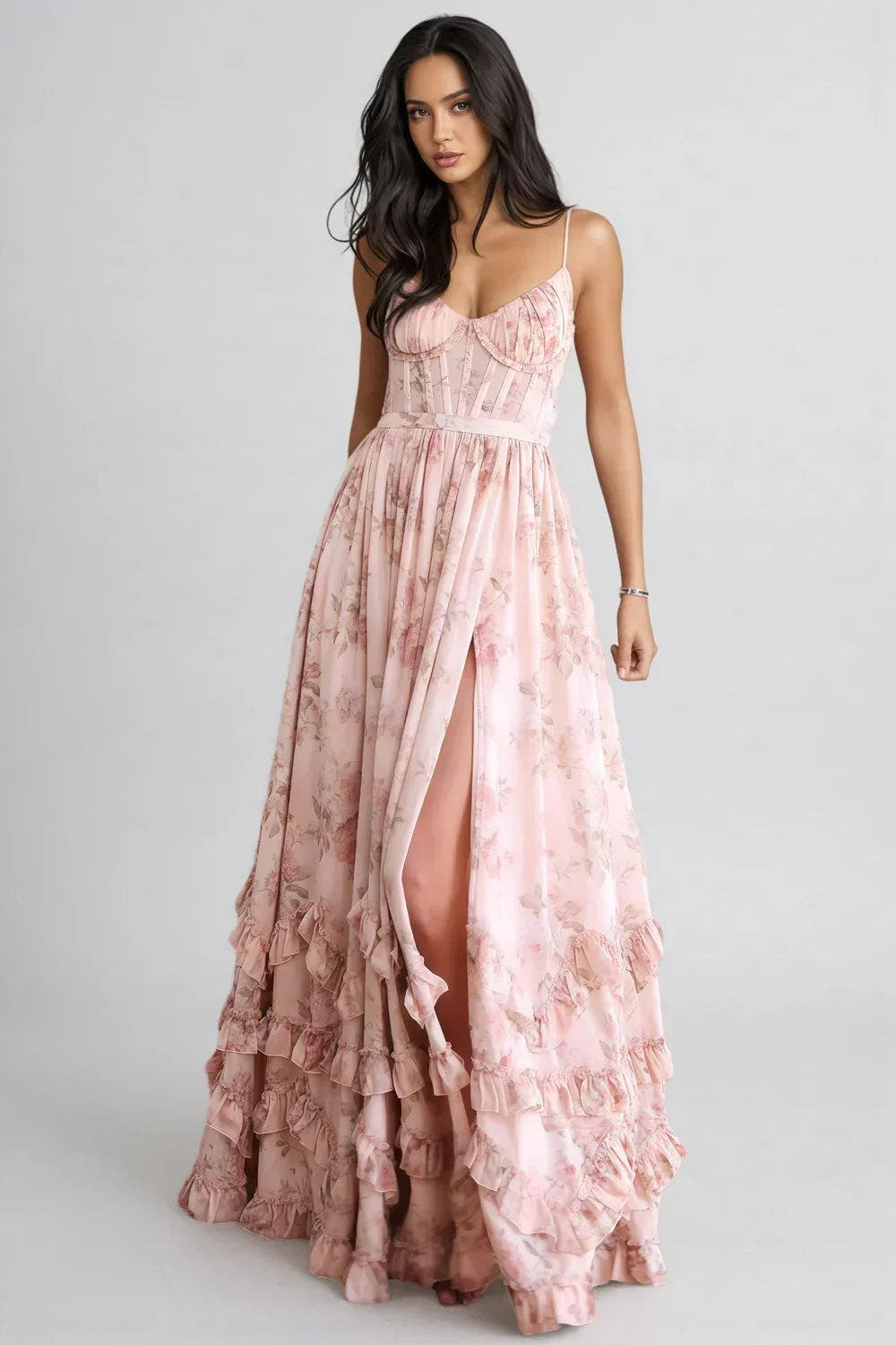 Maxikleid Damen mit Blumenmuster, Beinschlitz und schmalen Trägern
