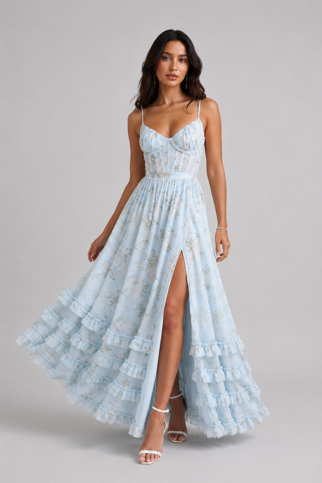 Maxikleid Damen mit Blumenmuster, Beinschlitz und schmalen Trägern