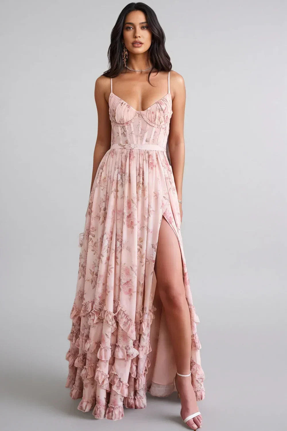 Maxikleid Damen mit Blumenmuster, Beinschlitz und schmalen Trägern