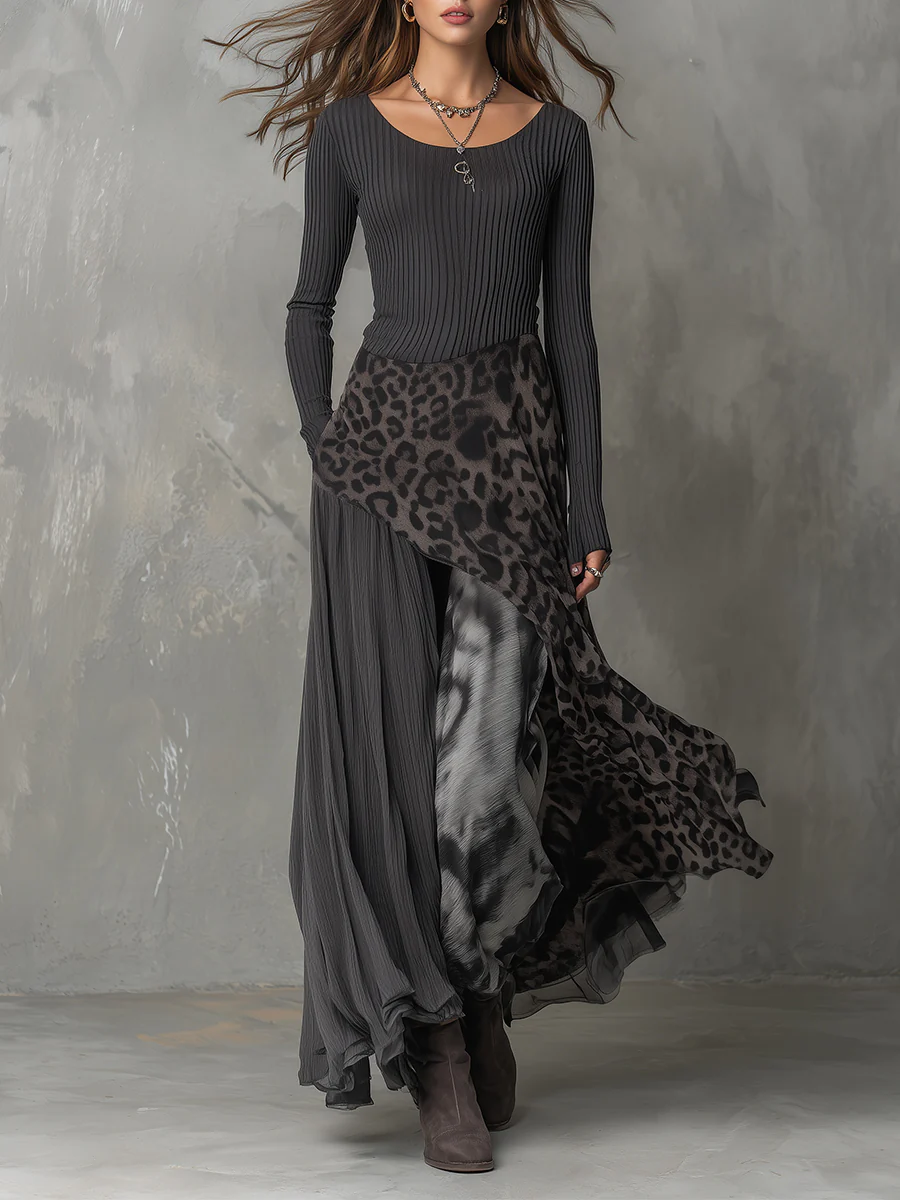 Maxikleid Damen tailliert mit asymmetrischem Lagenrock