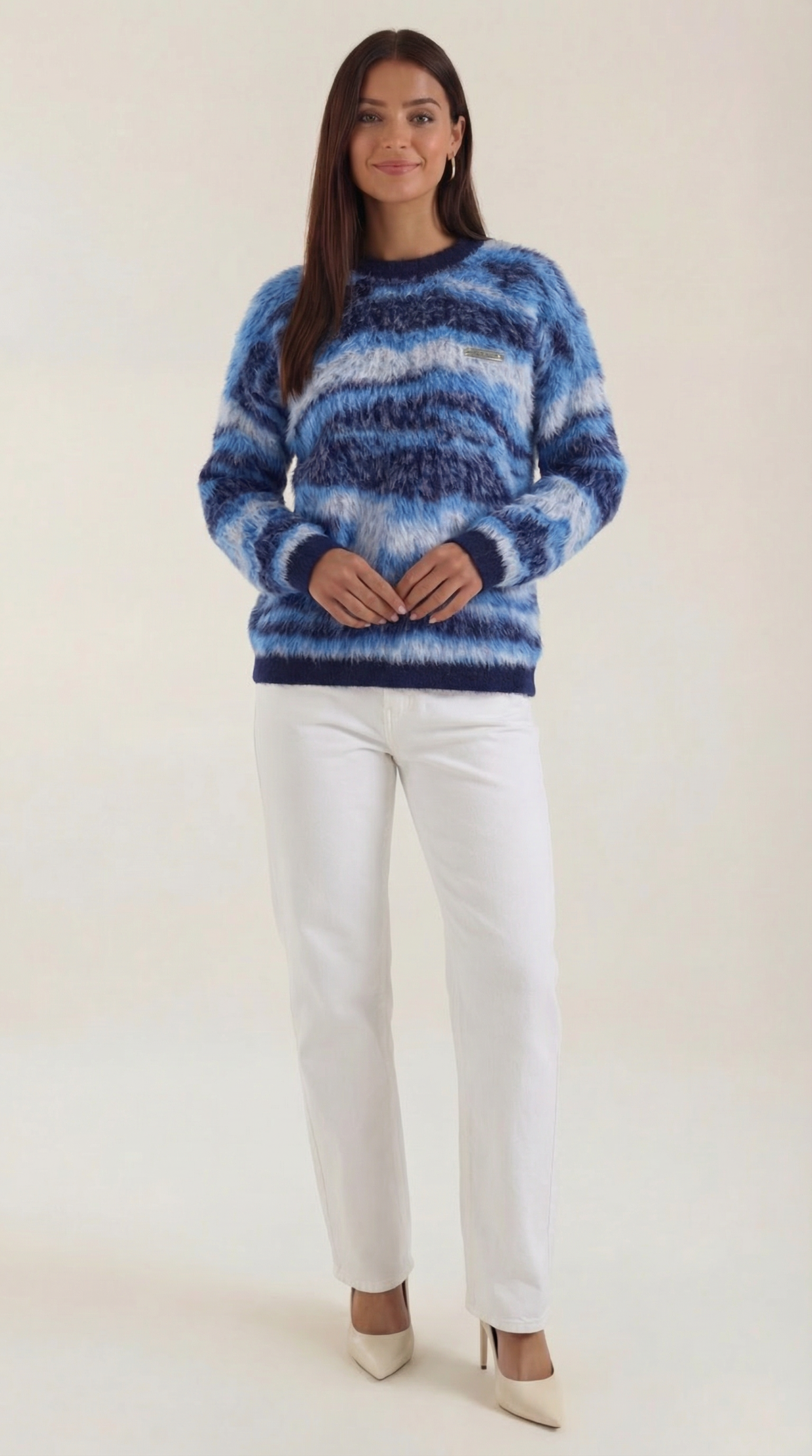 Pullover mit Abstraktmuster und Rundhalsausschnitt für Damen - Blau