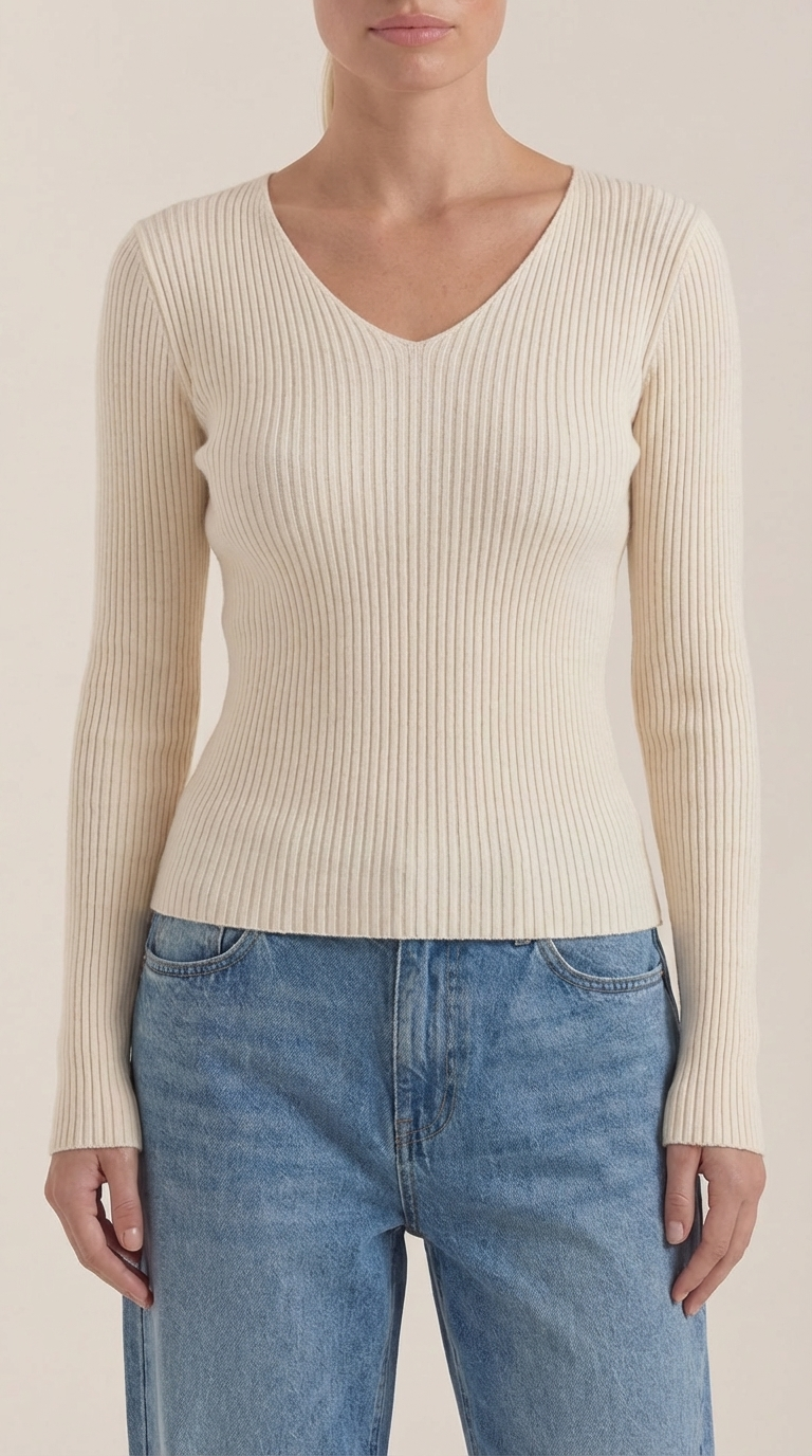 Pullover mit V-Ausschnitt und weicher Rippstruktur für Damen