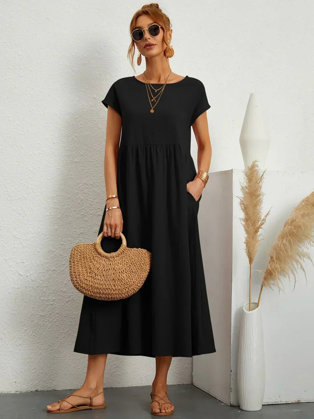Midikleid Damen in A-Linie mit Empire-Taille und kurzen Ärmeln
