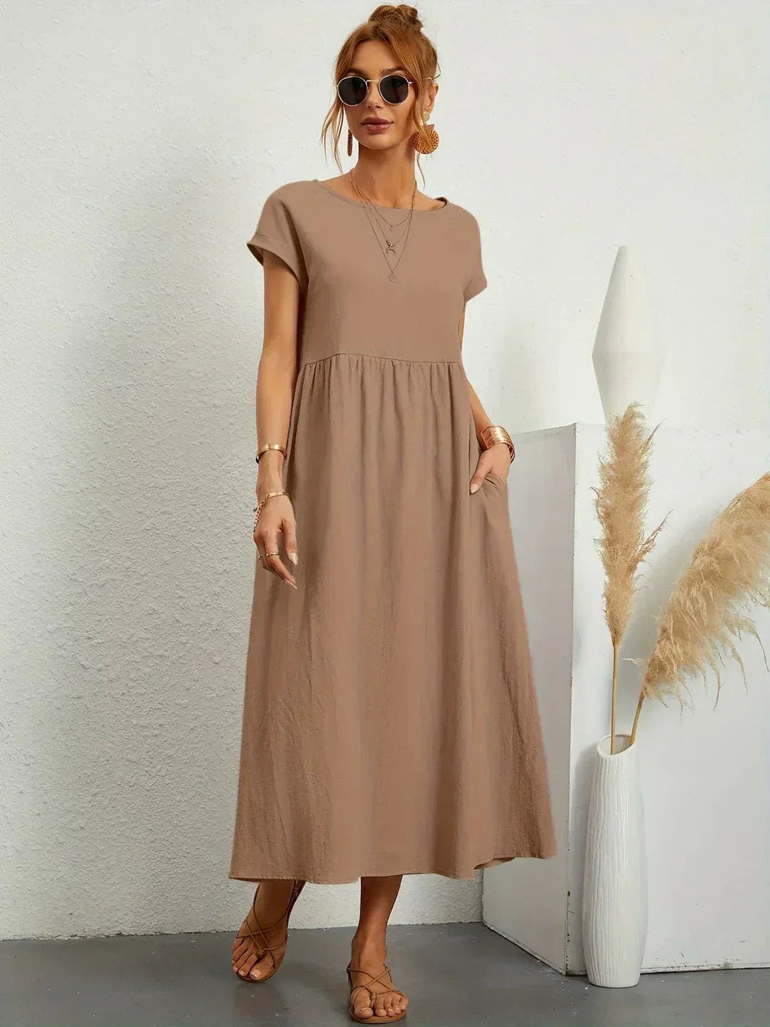 Midikleid Damen in A-Linie mit Empire-Taille und kurzen Ärmeln