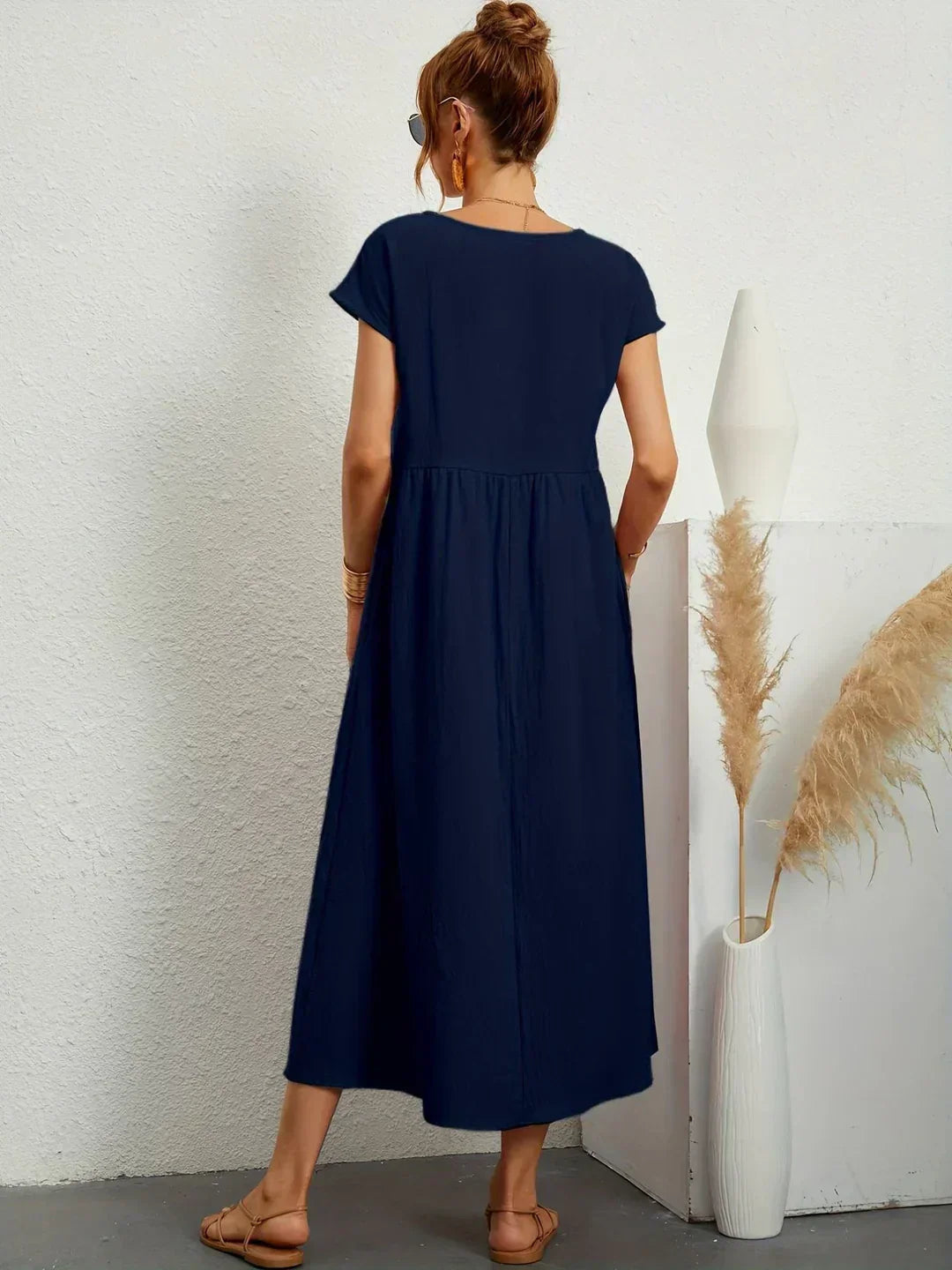 Midikleid Damen in A-Linie mit Empire-Taille und kurzen Ärmeln
