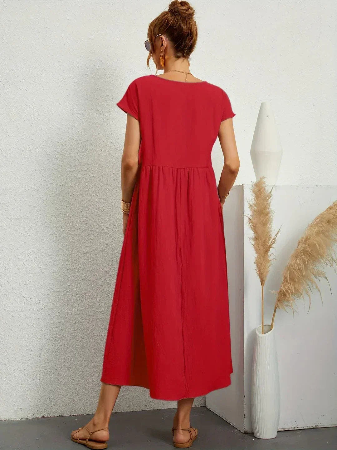 Midikleid Damen in A-Linie mit Empire-Taille und kurzen Ärmeln