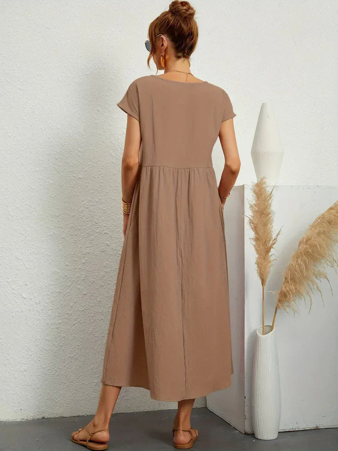 Midikleid Damen in A-Linie mit Empire-Taille und kurzen Ärmeln