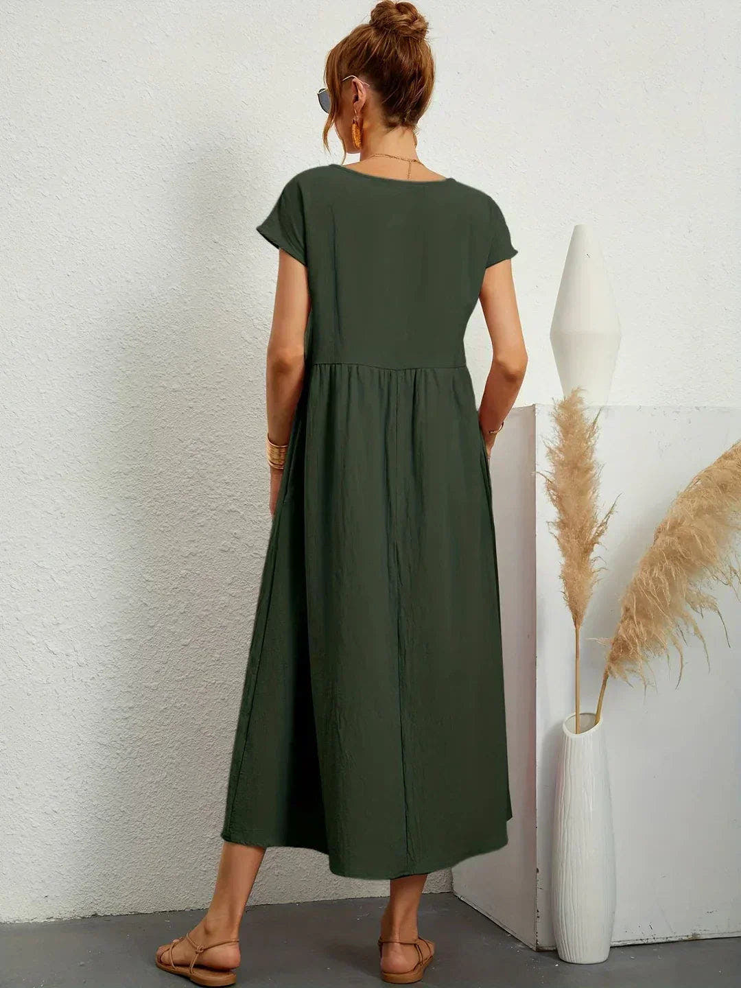 Midikleid Damen in A-Linie mit Empire-Taille und kurzen Ärmeln