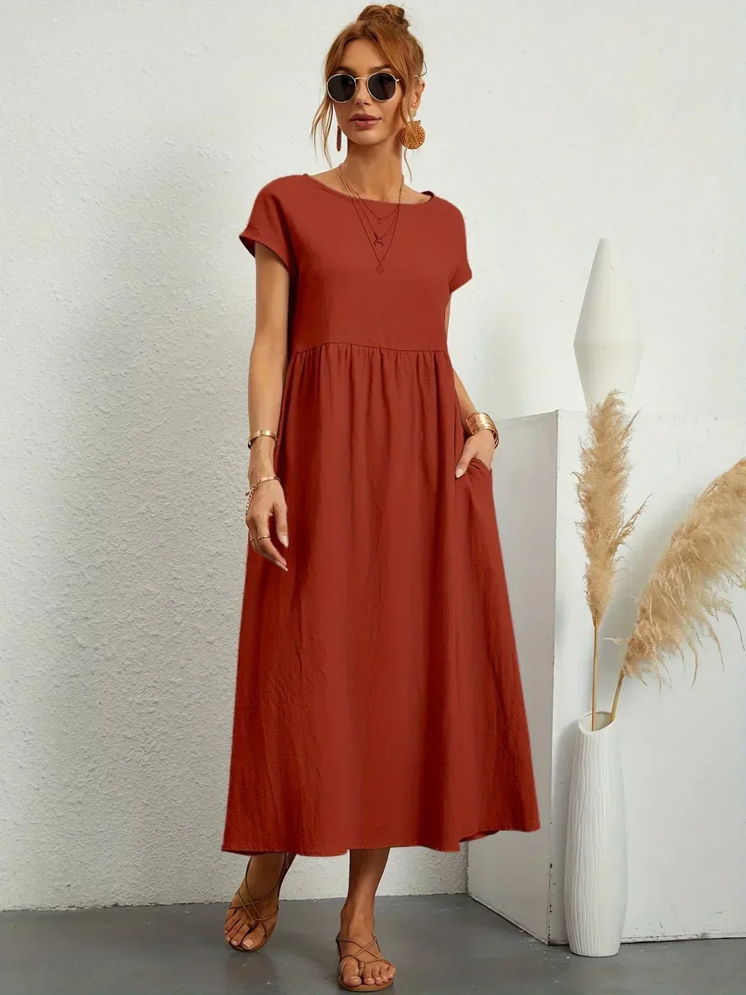 Midikleid Damen in A-Linie mit Empire-Taille und kurzen Ärmeln