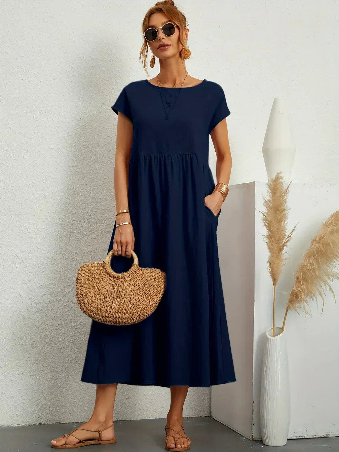 Midikleid Damen in A-Linie mit Empire-Taille und kurzen Ärmeln
