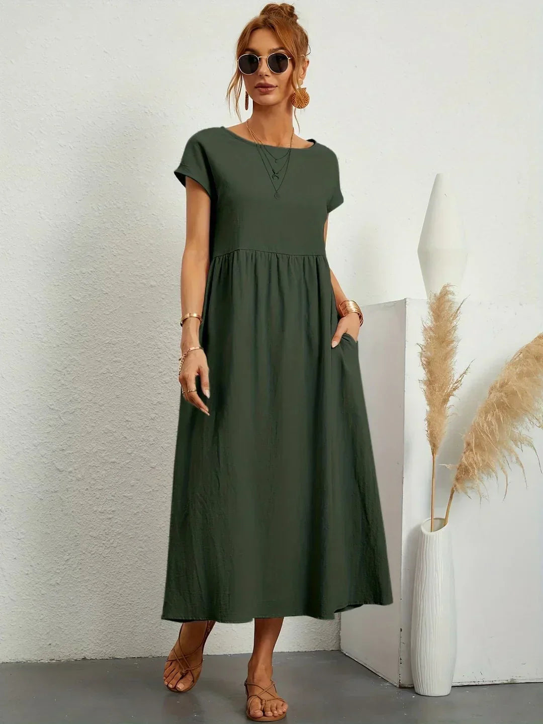 Midikleid Damen in A-Linie mit Empire-Taille und kurzen Ärmeln