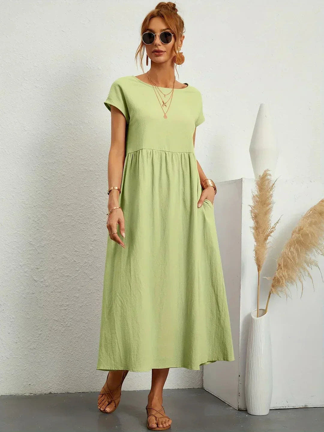Midikleid Damen in A-Linie mit Empire-Taille und kurzen Ärmeln