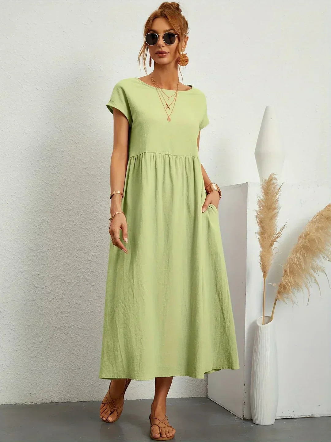 Midikleid Damen in A-Linie mit Empire-Taille und kurzen Ärmeln