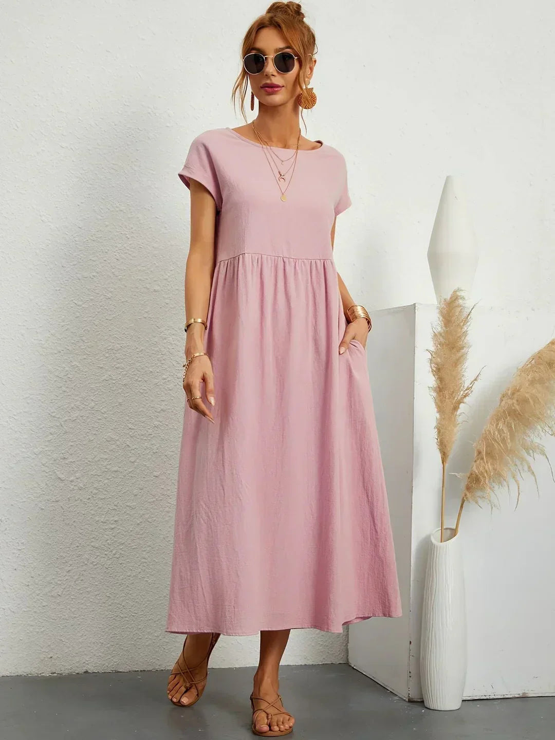 Midikleid Damen in A-Linie mit Empire-Taille und kurzen Ärmeln