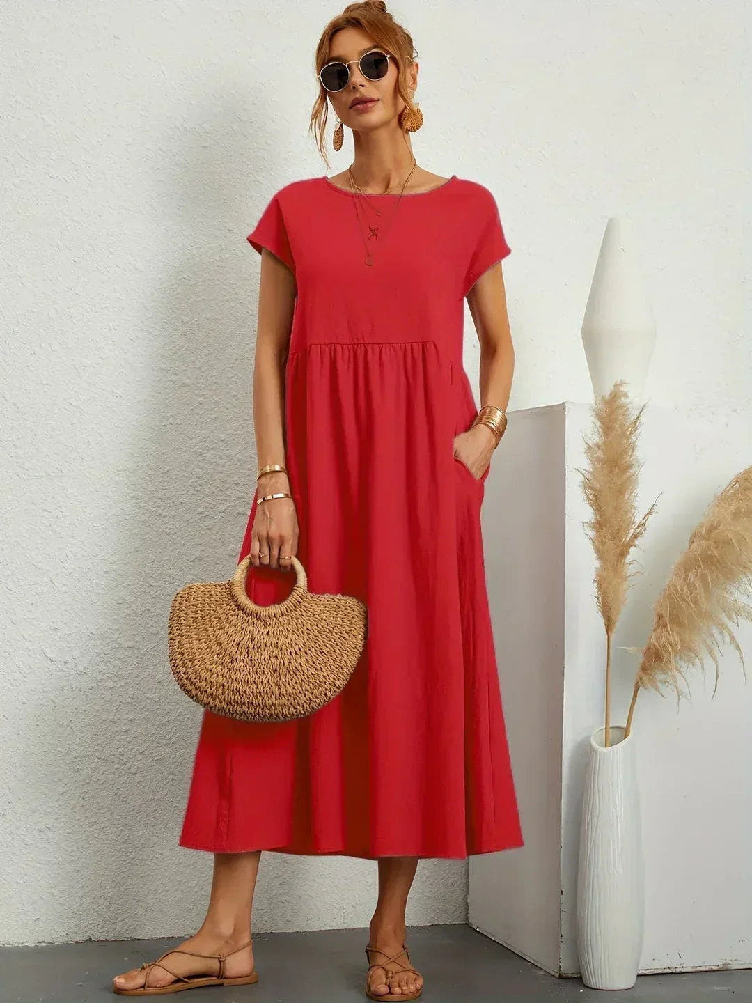 Midikleid Damen in A-Linie mit Empire-Taille und kurzen Ärmeln