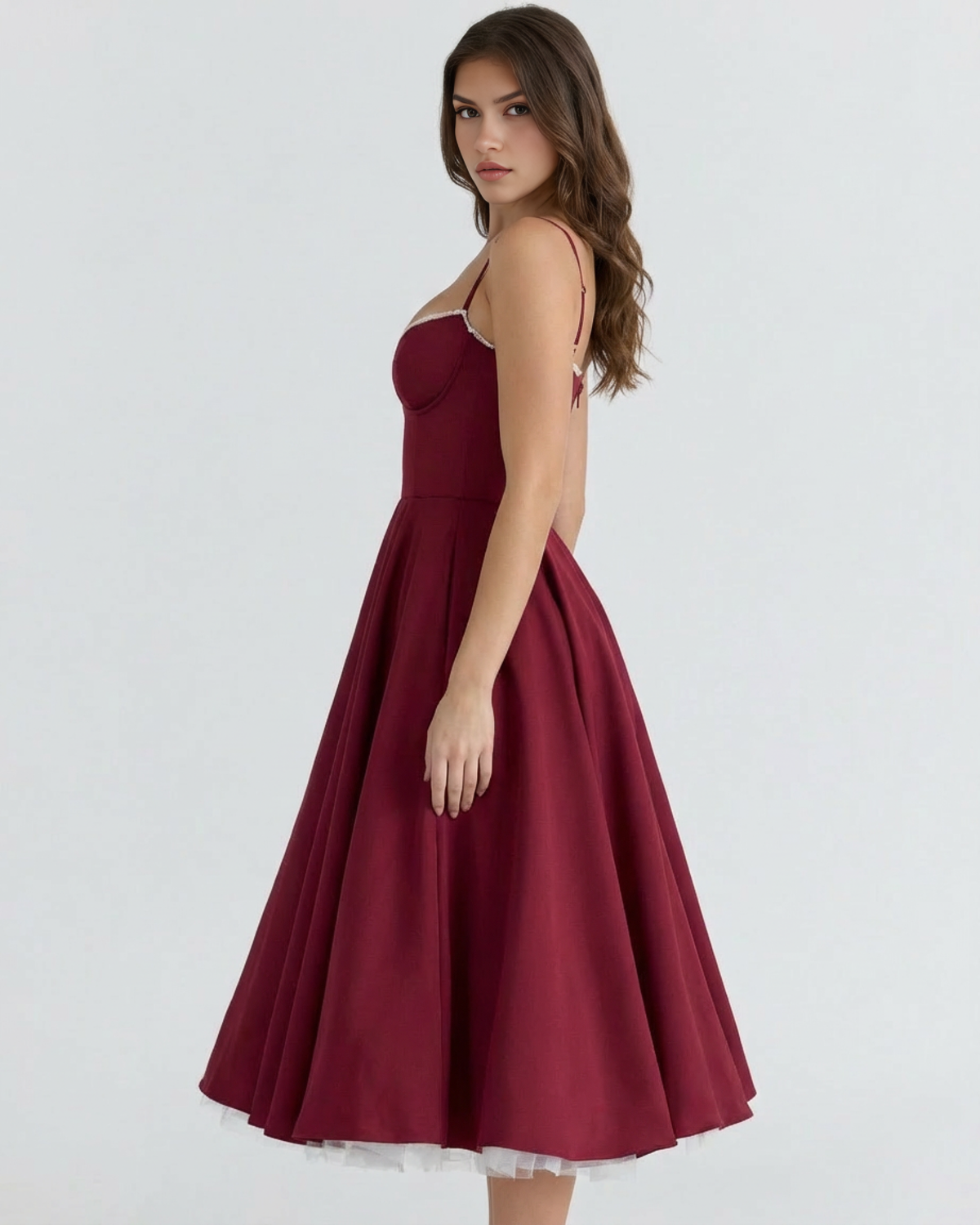 Midikleid Damen tailliert in A-Linie mit Herzausschnitt