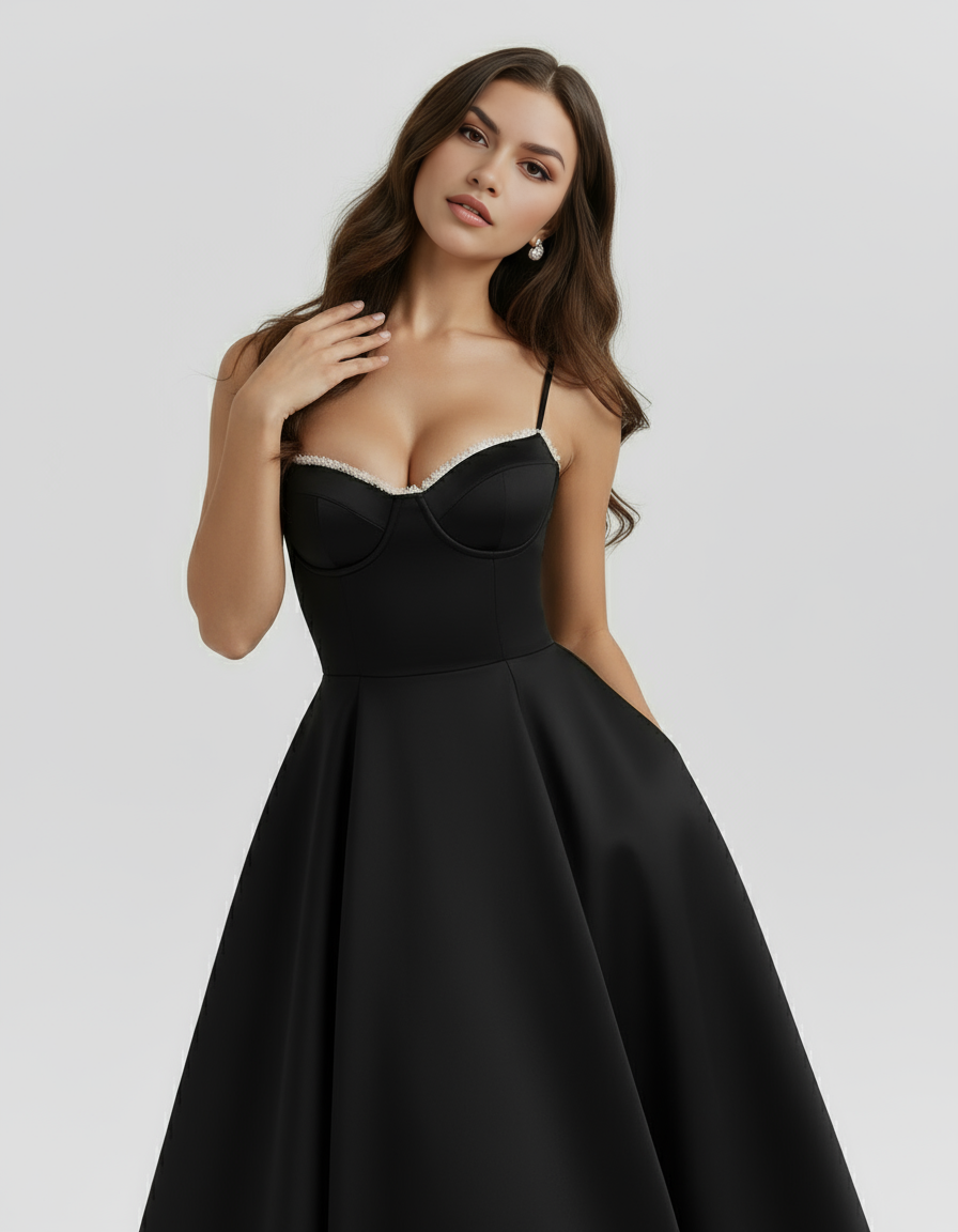 Midikleid Damen tailliert in A-Linie mit Herzausschnitt